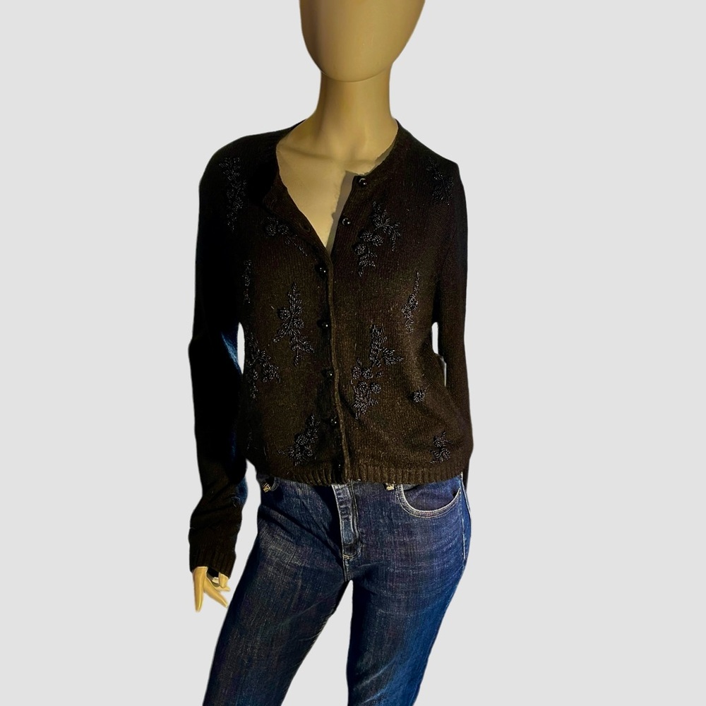 NWT Jamie Scott Black Beaded Silk, Angora and Nylon Button Down Cardigan